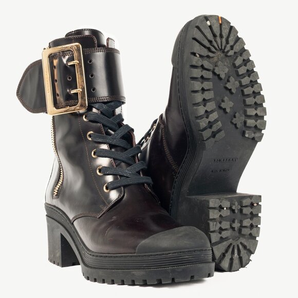 Burberry Scarcroft 50 Bordeaux Buckled Glossed-Leather Combat Boots - Picture 4 of 11